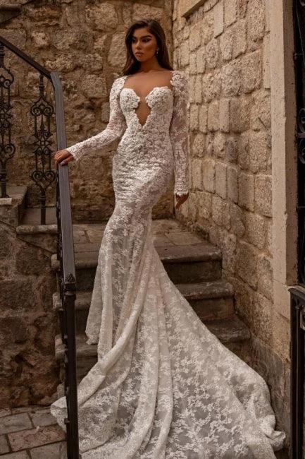 Elegant sweetheart longsleeves mermaid lace Wedding dresses (ZD14877)