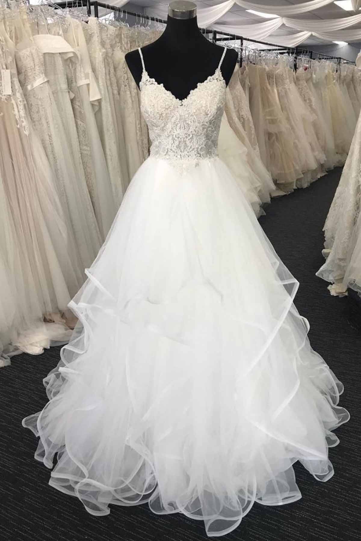 Elegant Sweetheart Neck Long White Lace Wedding Dress Spaghetti Straps Bridal Gowns On Sale (ZD17447)