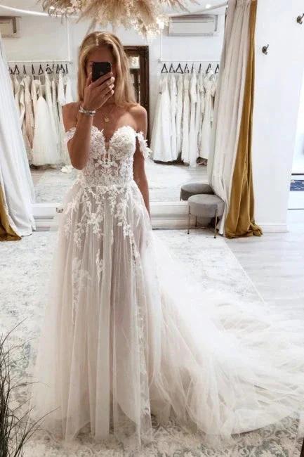 Elegant sweetheart off-the-shoulder cap sleeves a-line lace wedding dress (ZD14843)