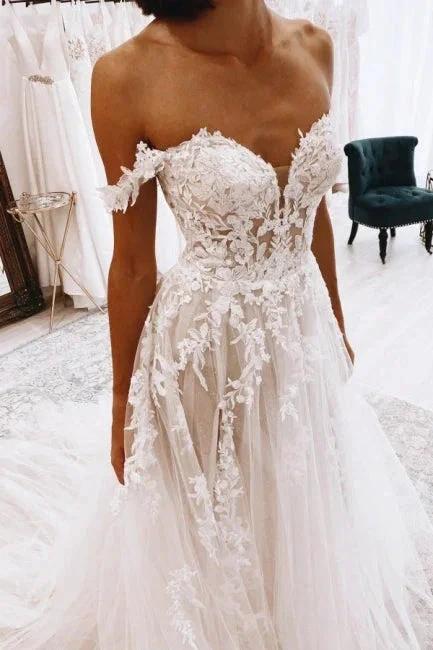 Elegant sweetheart off-the-shoulder cap sleeves a-line lace wedding dress (ZD14843)