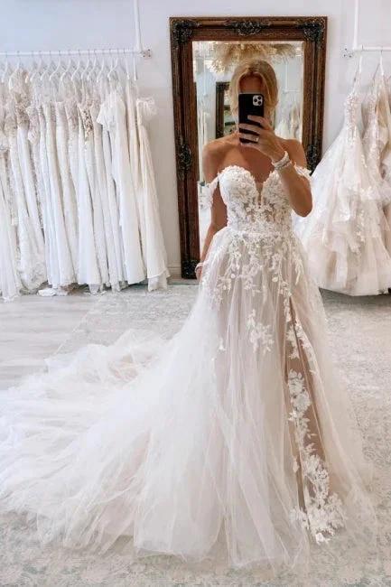 Elegant sweetheart off-the-shoulder cap sleeves a-line lace wedding dress (ZD14843)