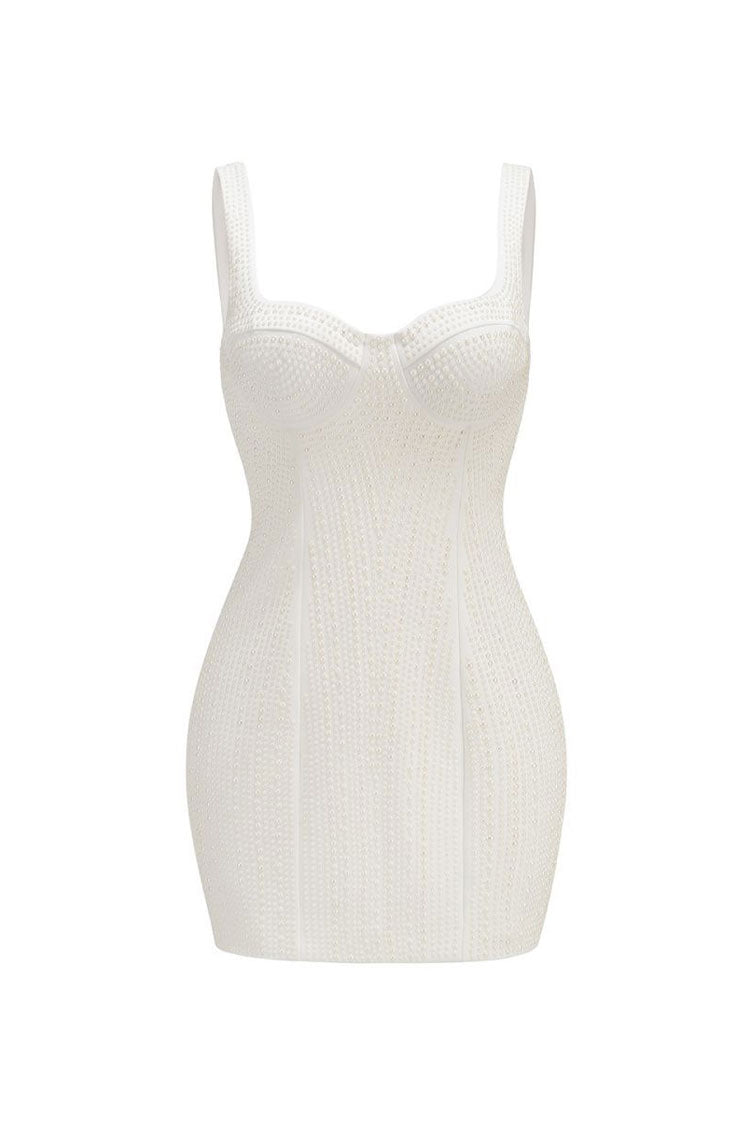 Elegant Sweetheart Sleeveless Pearl Embellished Bodycon Party Mini Dress - Fashionpara