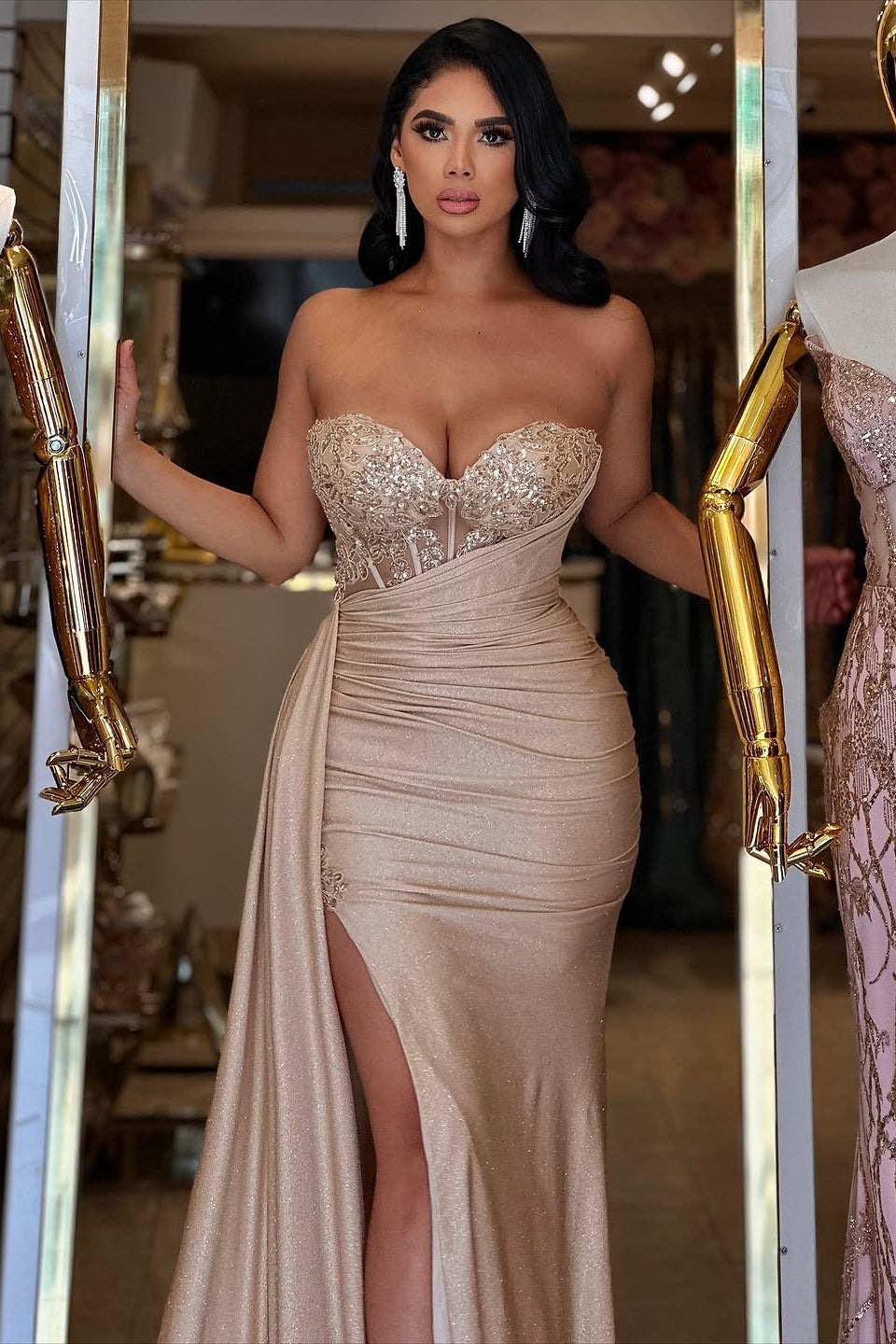 Elegant Sweetheart Strapless Sleeveless Mermaid Prom Dresses Column Beads With Ribbon Zipper