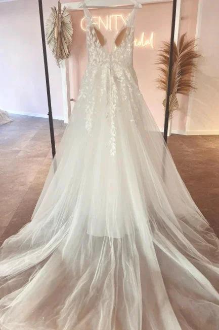 Elegant sweetheart V-neck sleeveless a-line lace Wedding dresses (ZD14865)