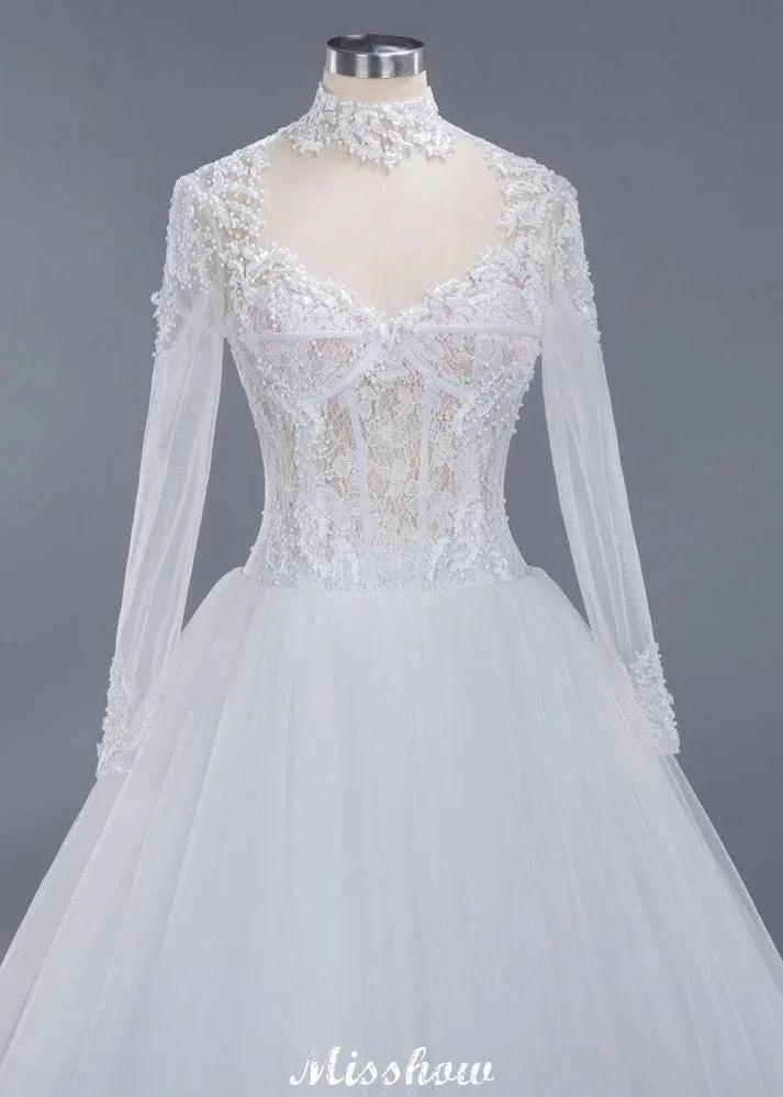 Elegant Tulle Lace Ball Gown High Neck Long Sleeves Floor Length Wedding Dress (ZD13991) - View 4 | VelvetHem