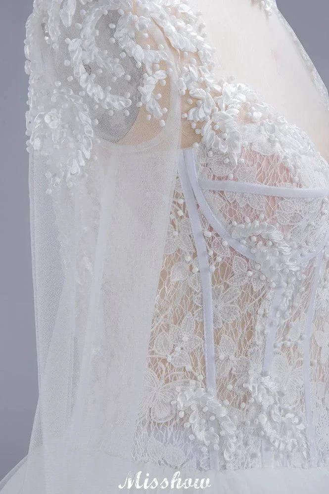 Elegant Tulle Lace Ball Gown High Neck Long Sleeves Floor Length Wedding Dress (ZD13991)