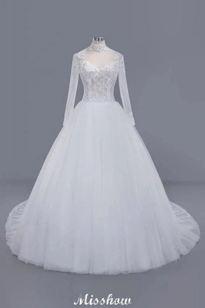 Elegant Tulle Lace Ball Gown High Neck Long Sleeves Floor Length Wedding Dress by misshow.com