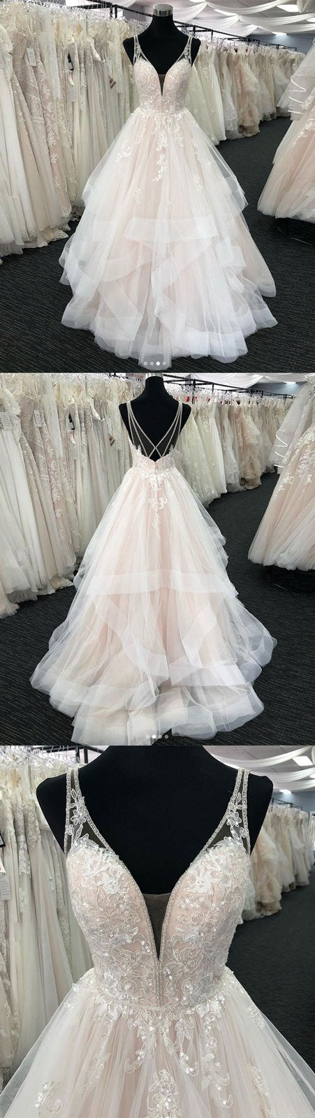 Elegant Tulle V-Neck Wedding Dress Open Back Long Layered Bridal Gowns On Sale (ZD17437)
