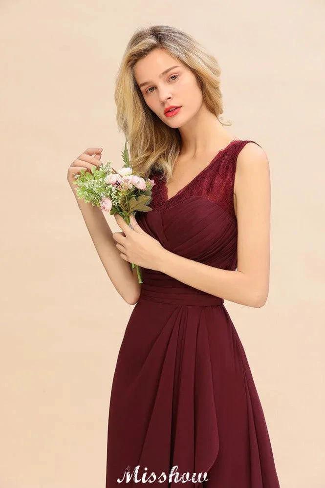 Elegant V-Neck aline Bridesmaid Dress Burgundy Backless Chiffon Party Dress (ZD12931)