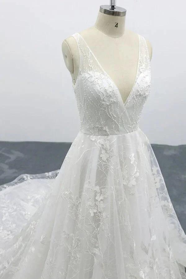 Elegant V-neck Appliques Tulle A-line Wedding Dress (ZD13921)