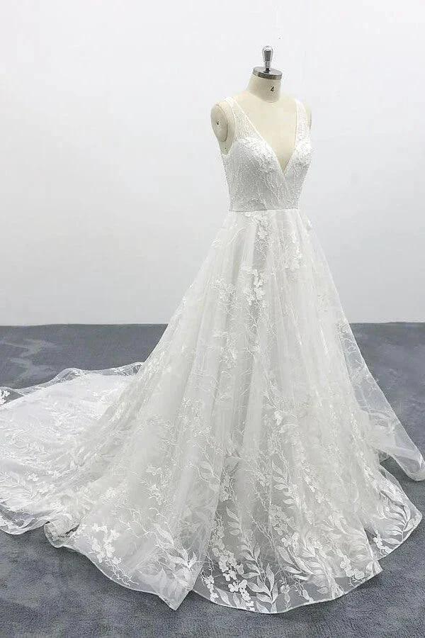 Elegant V-neck Appliques Tulle A-line Wedding Dress (ZD13921)