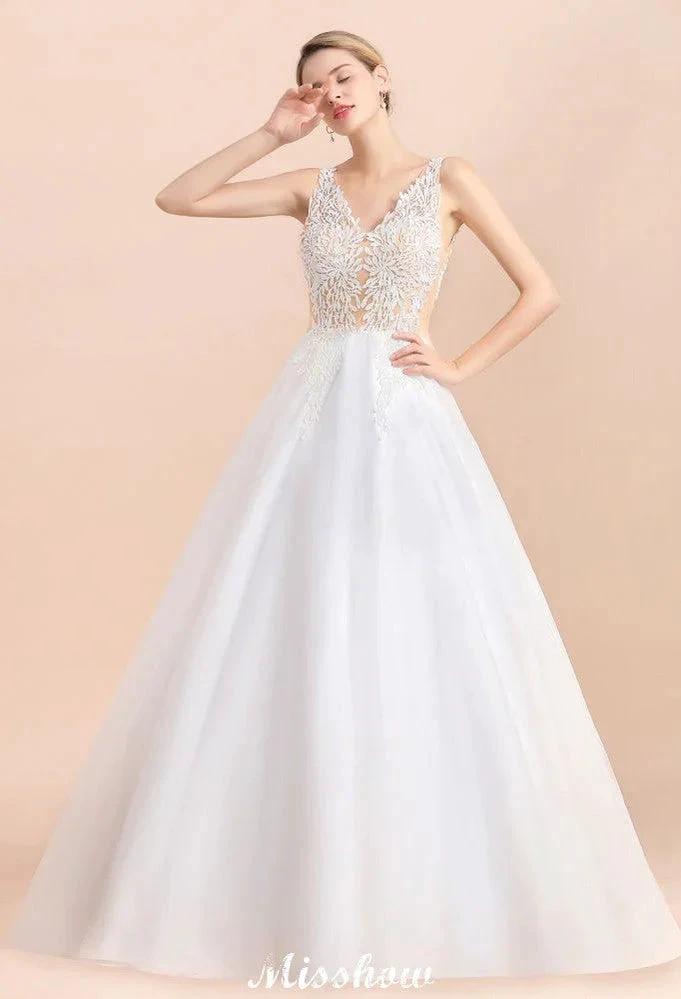 Elegant V-Neck Floral Lace A-line Wedding Dress Beach Sleeveless Tulle Church Dress (ZD13986)