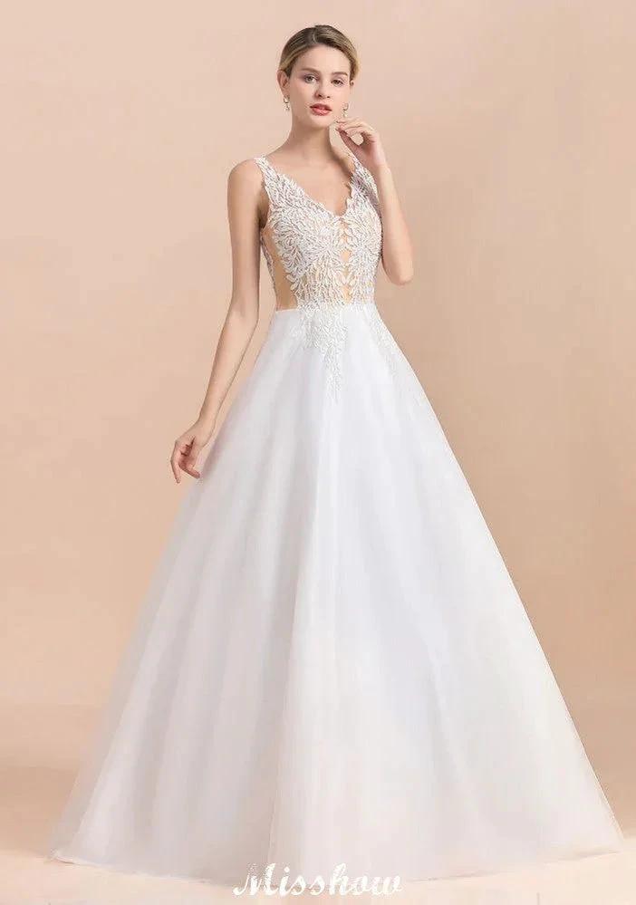 Elegant V-Neck Floral Lace A-line Wedding Dress Beach Sleeveless Tulle Church Dress (ZD13986)
