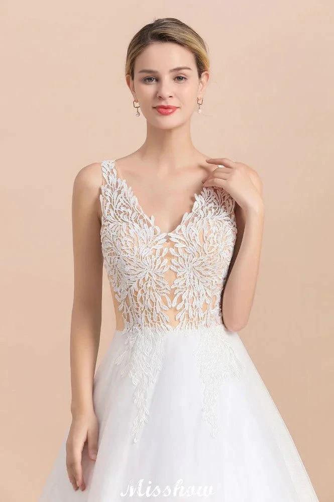 Elegant V-Neck Floral Lace A-line Wedding Dress Beach Sleeveless Tulle Church Dress (ZD13986)