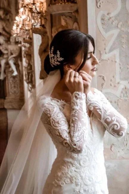 Elegant V-Neck Long-Sleeve Mermaid Floor-Length Lace Wedding Dresses with Chapel Trian (ZD14678)