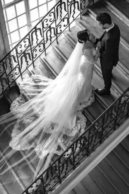 Elegant V-Neck Long-Sleeve Mermaid Floor-Length Lace Wedding Dresses with Chapel Trian (ZD14678)
