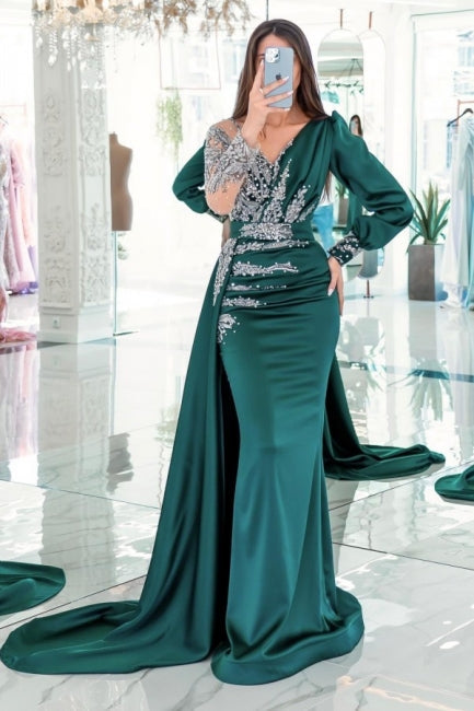 Elegant V-Neck Long Sleeves Mermaid Prom Dresses With Ruffles Long