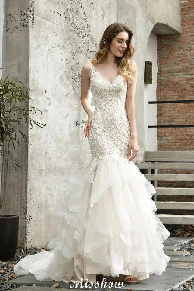 Elegant V-Neck Mermaid Bridal Gown Tulle Lace Appliques Puffy Wedding Dress (ZD13968)