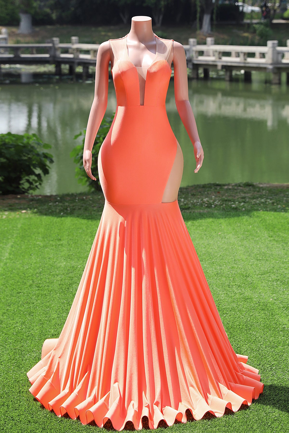 Elegant V-Neck Orange Open Back Mermaid Floor-Length Prom Dresses