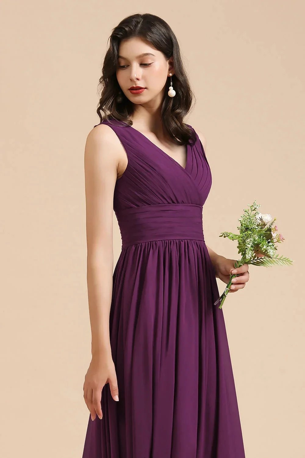 Elegant V-Neck Ruffle A-line Chiffon Lace Bridesmaid Dresses (ZD12875)