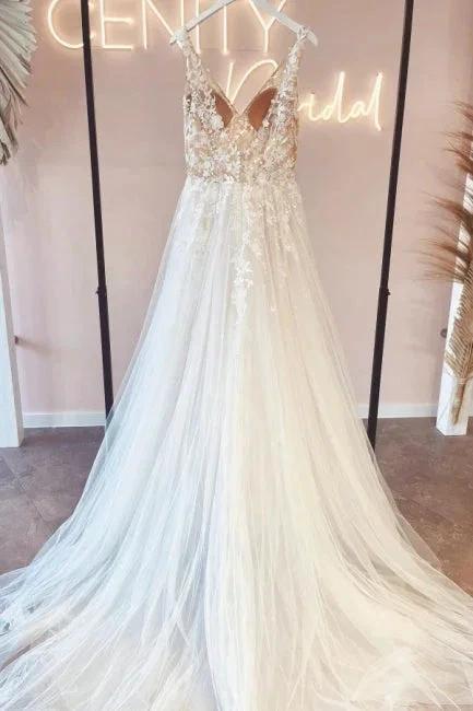 Elegant v-neck sleeveless a-line backless lace Wedding dresses (ZD14854)
