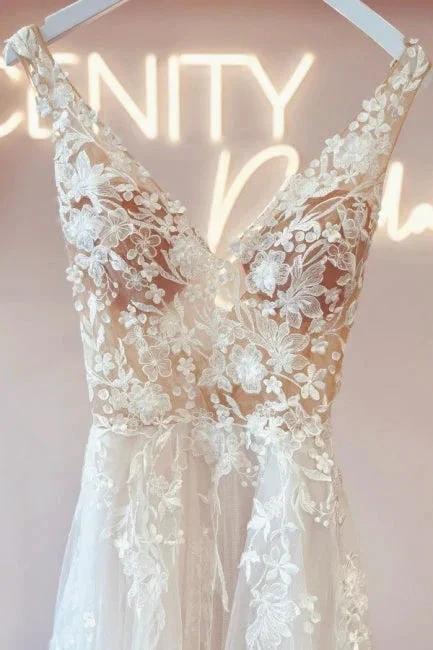 Elegant v-neck sleeveless a-line backless lace Wedding dresses (ZD14854)