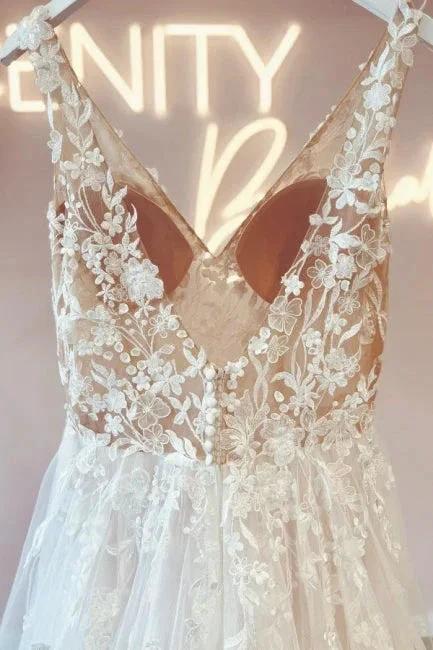 Elegant v-neck sleeveless a-line backless lace Wedding dresses (ZD14854)
