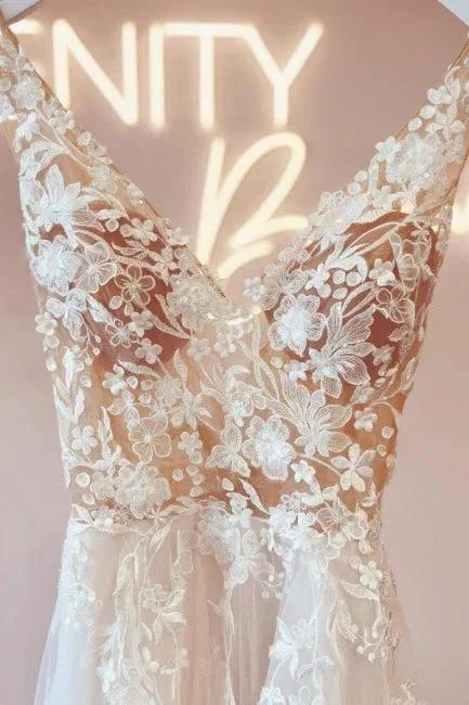 Elegant v-neck sleeveless a-line backless lace Wedding dresses (ZD14854)