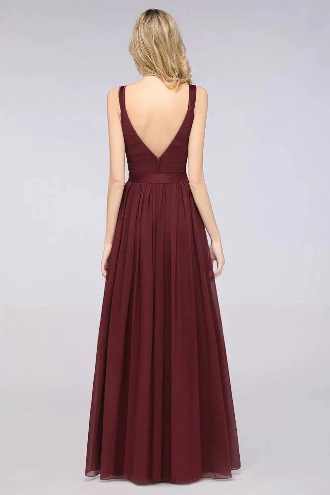 Elegant V-Neck Strap Backless Ruffles Chiffon Floor-Length Bridesmaid Dress (ZD13113)
