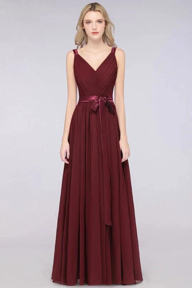 Elegant V-Neck Strap Backless Ruffles Chiffon Floor-Length Bridesmaid Dress (ZD13113)
