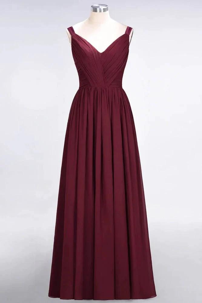Elegant V-Neck Strap Backless Ruffles Chiffon Floor-Length Bridesmaid Dress (ZD13113)