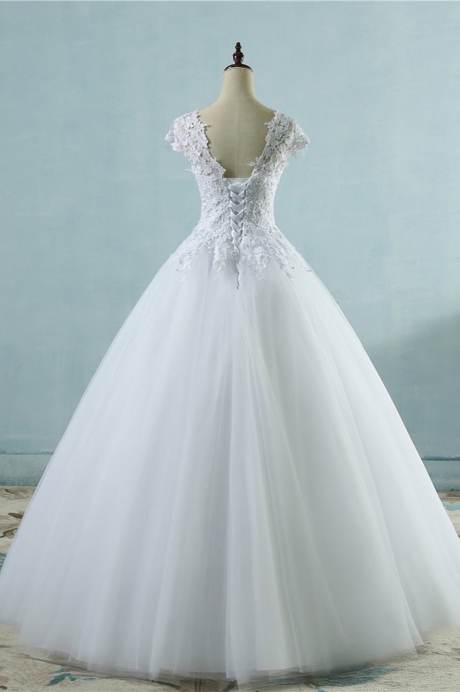 Elegant V-Neck Tull Lace White Wedding Dress Short Sleeves Appliques Bridal Gowns (ZD17459)