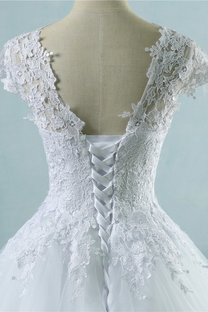 Elegant V-Neck Tull Lace White Wedding Dress Short Sleeves Appliques Bridal Gowns (ZD17459)
