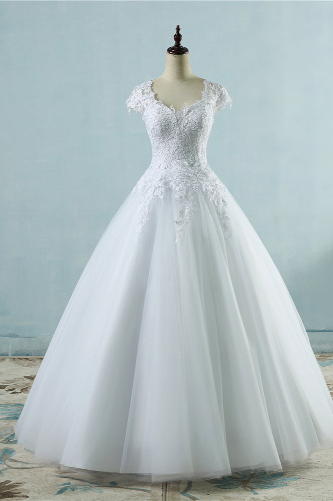 Elegant V-Neck Tull Lace White Wedding Dress Short Sleeves Appliques Bridal Gowns (ZD17459)