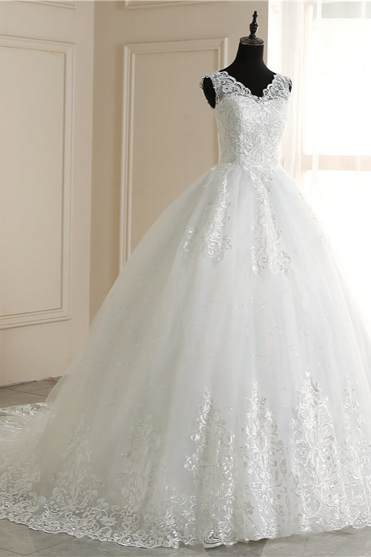Elegant V-Neck Tull Lace White Wedding Dress Sleeveless Appliques Bridal Gowns On Sale (ZD17457)