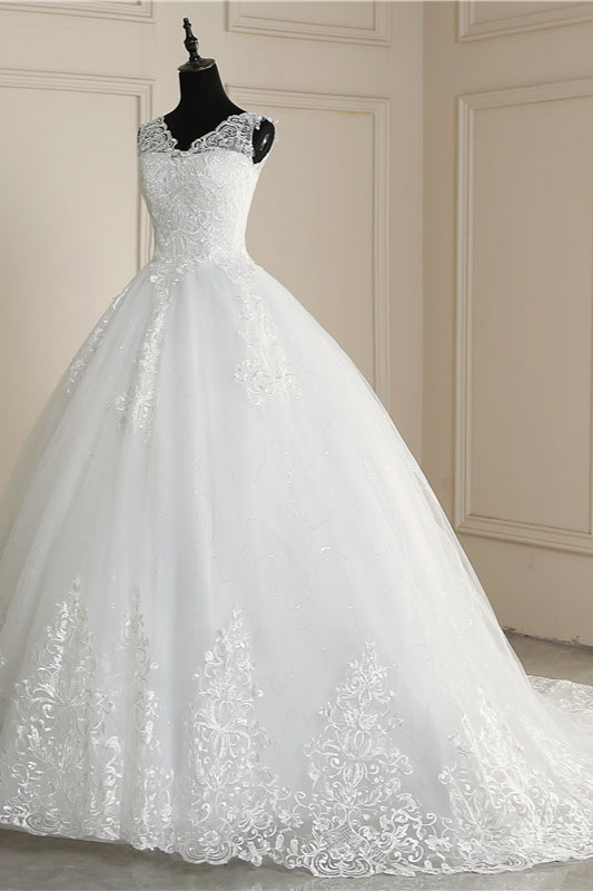 Elegant V-Neck Tull Lace White Wedding Dress Sleeveless Appliques Bridal Gowns On Sale (ZD17457)
