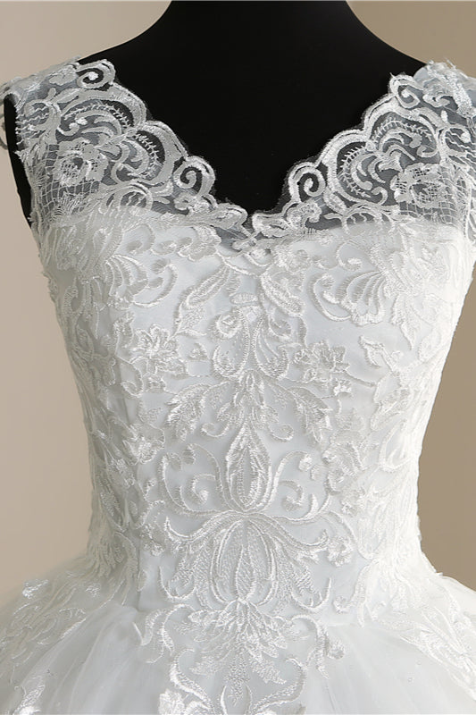 Elegant V-Neck Tull Lace White Wedding Dress Sleeveless Appliques Bridal Gowns On Sale (ZD17457)