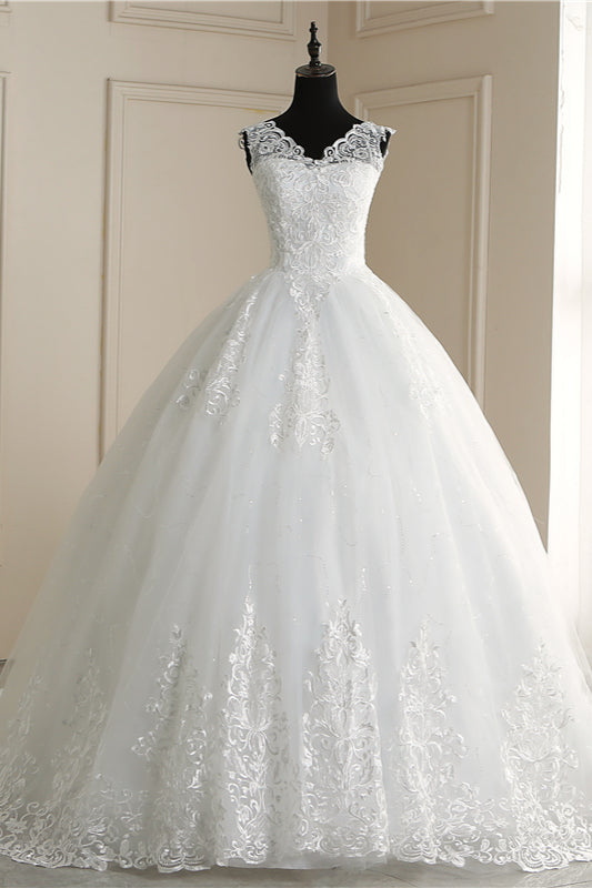Elegant V-Neck Tull Lace White Wedding Dress Sleeveless Appliques Bridal Gowns On Sale (ZD17457)
