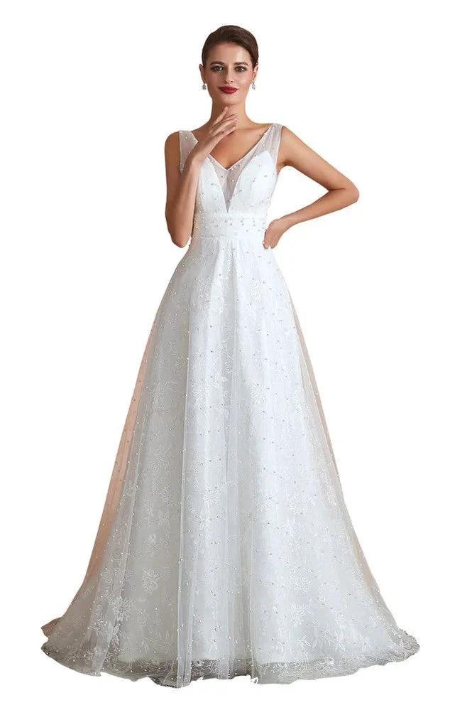 Elegant V-Neck Tulle Pearls Wedding Dress Beach Bridal Gown (ZD13970)