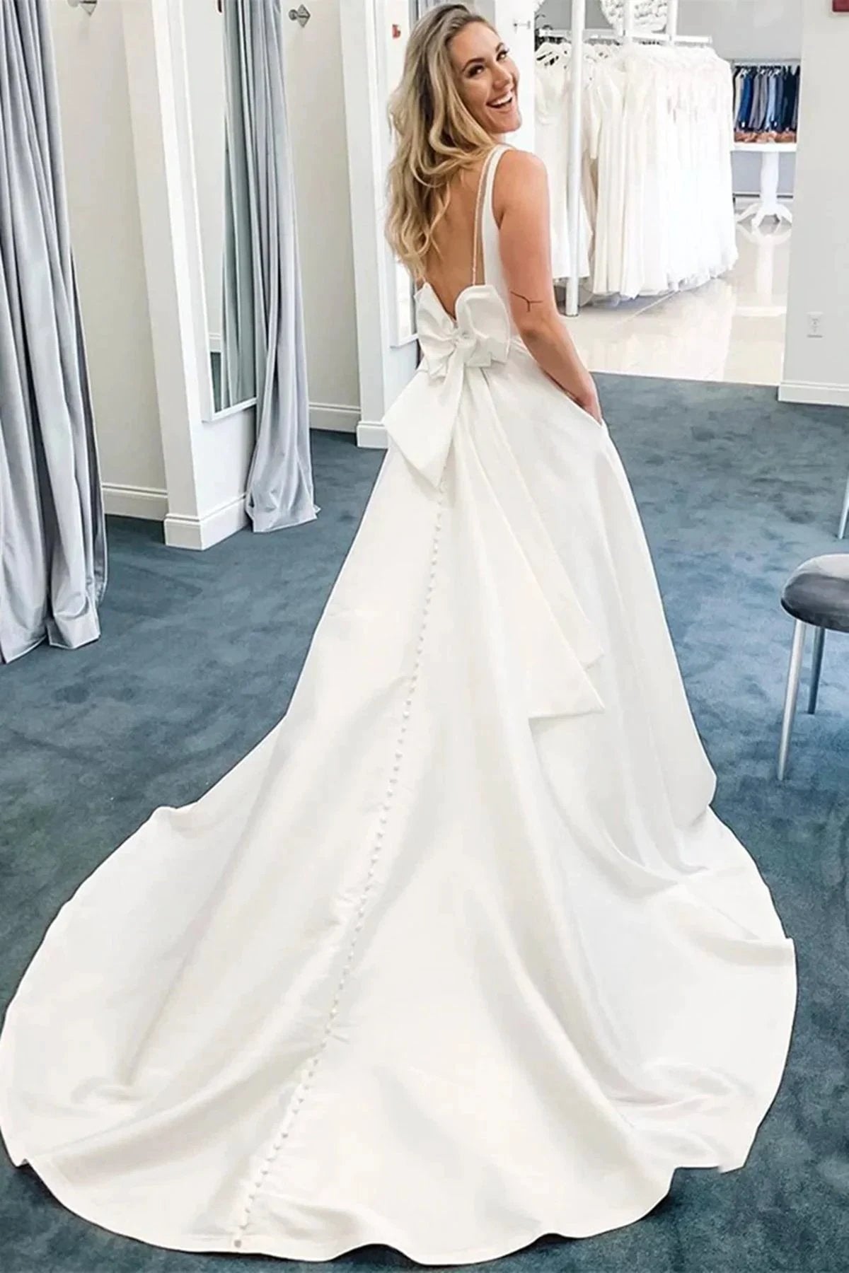 Elegant White A-line V Neck Open Back Satin Long Wedding Dresses with Pockets (ZD15776)