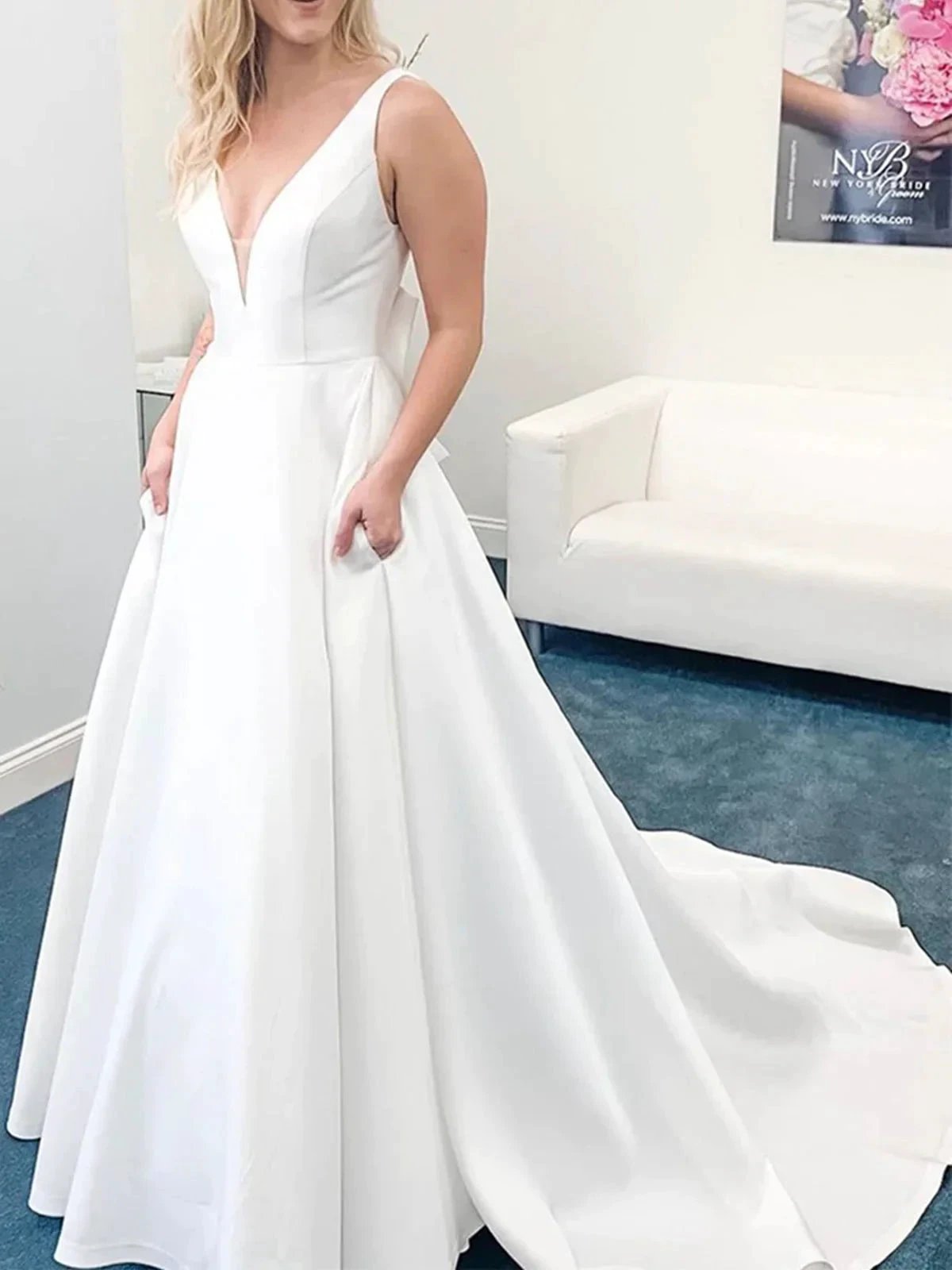 Elegant White A-line V Neck Open Back Satin Long Wedding Dresses with Pockets (ZD15776)