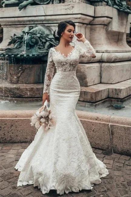 Elegant White Floral Lace Mermaid Spring Wedding Dress Long Sleeves V-Neck Slim Bridal Dresses (ZD16472)