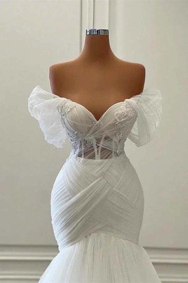 Elegant White Long Mermaid Off the Shoulder Tulle Lace Wedding Dresses (ZD16709)