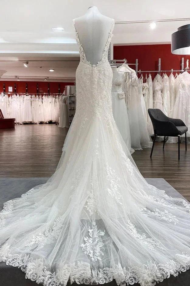 Elegant White Long Mermaid Tulle Lace Open Back Wedding Dresses (ZD15160)