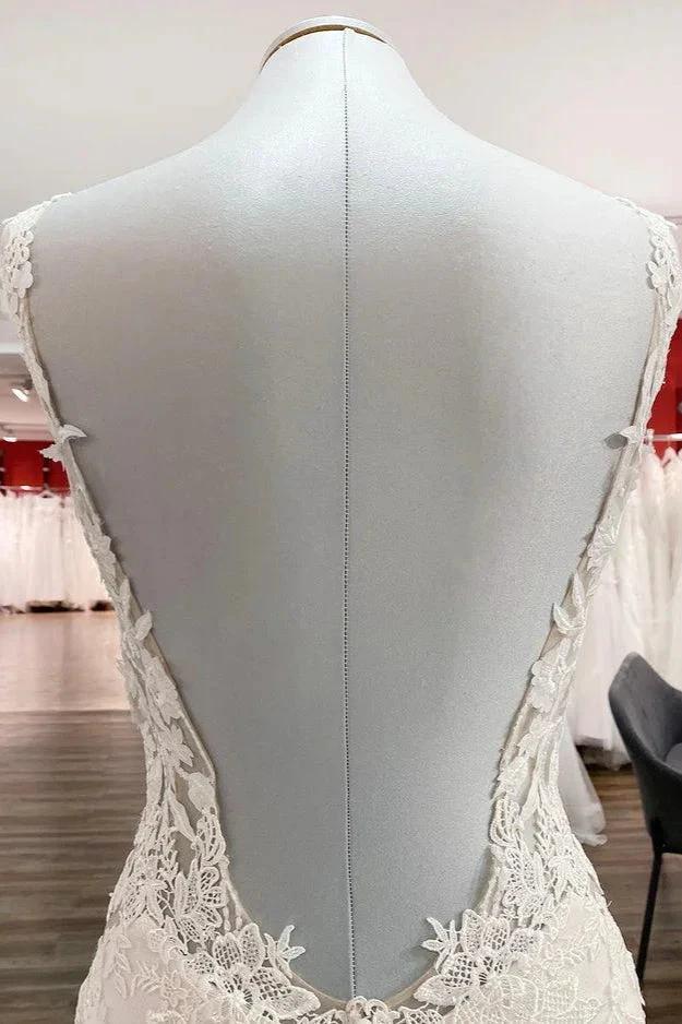 Elegant White Long Mermaid Tulle Lace Open Back Wedding Dresses (ZD15160)