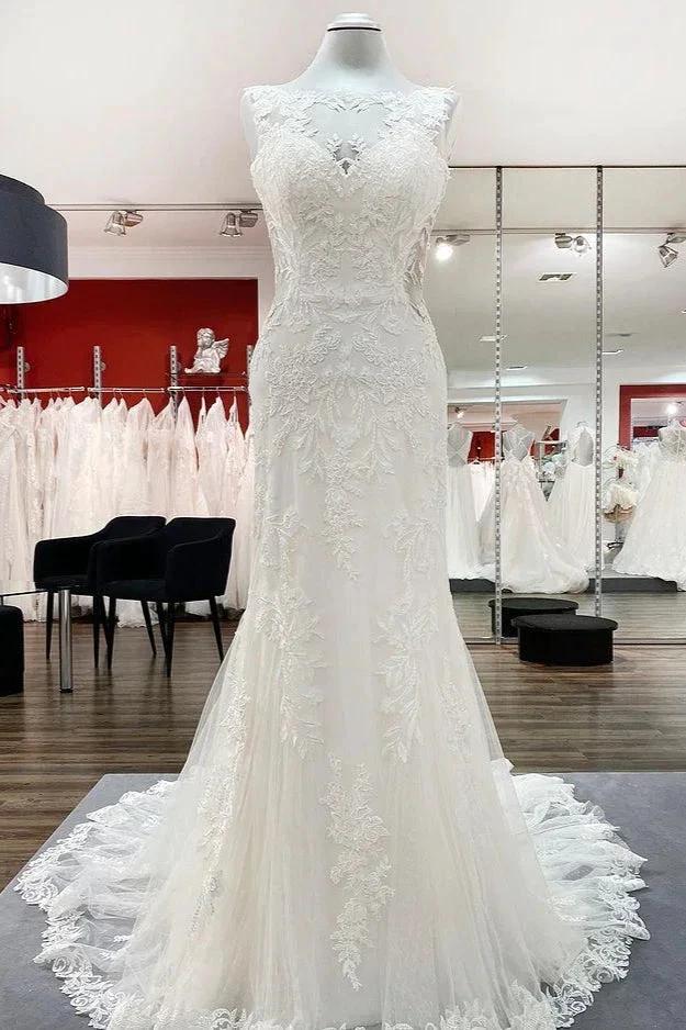 Elegant White Long Mermaid Tulle Lace Open Back Wedding Dresses (ZD15160)