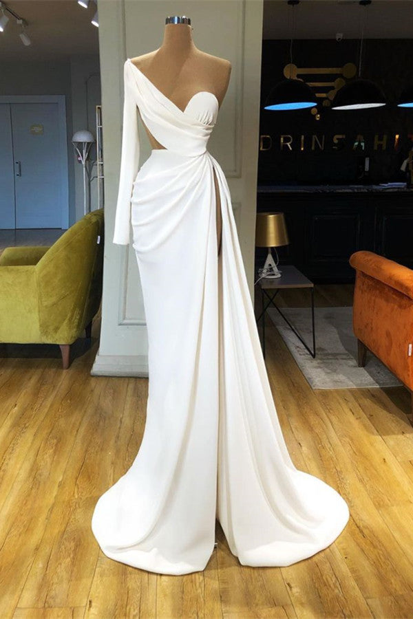 Elegant White Long Sleeve One-Shoulder Prom Dress With Split