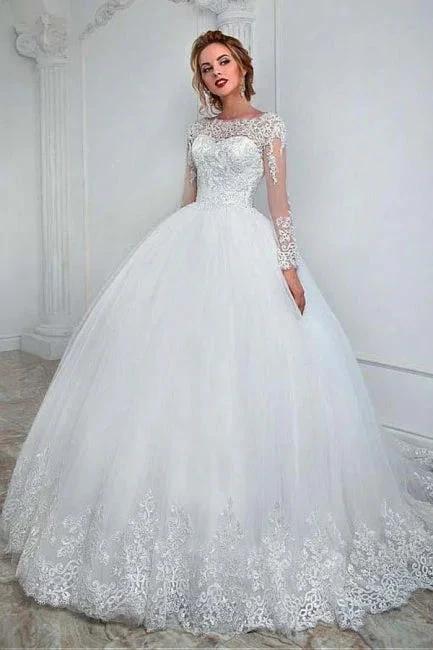 Elegant White Long Sleeves Tulle Bridal Dress Lace Appliques Aline Wedding Gown (ZD14763)