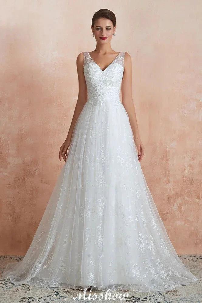 Elegant White V-Neck Princess Wedding Dress Aline Tulle Lace Bridal Gown (ZD13975)