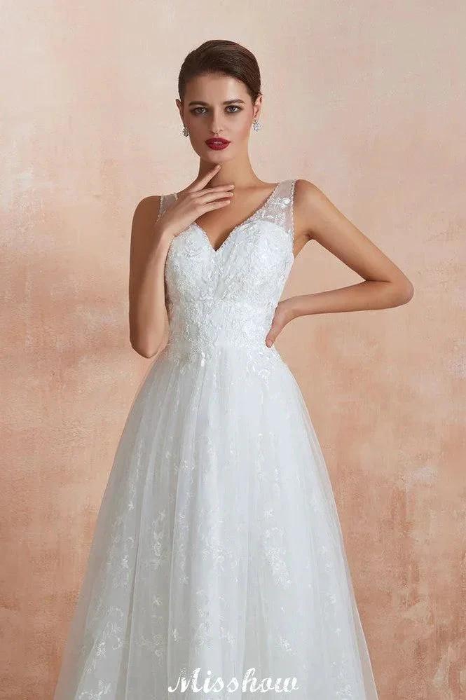 Elegant White V-Neck Princess Wedding Dress Aline Tulle Lace Bridal Gown (ZD13975)